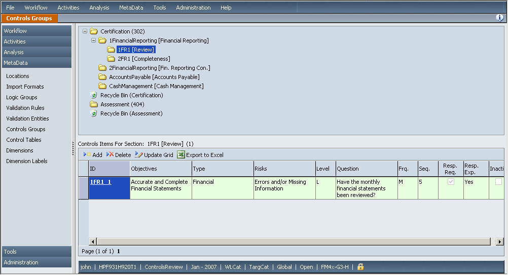 The image shows the Controls Groups screen with the Controls Group directory structure in the top pane, and a control question displayed in the bottom pane.